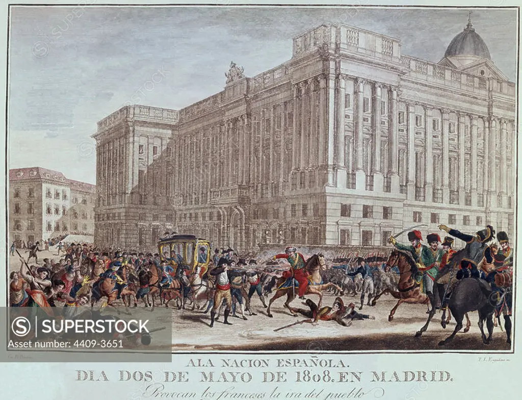 2nd May 1808. The French Causing the People's Anger. 19th century engraving. Madrid, Royal palace library. Author: LOPEZ ENGUIDANOS TOMAS. Location: PALACIO REAL-BIBLIOTECA. MADRID. SPAIN.