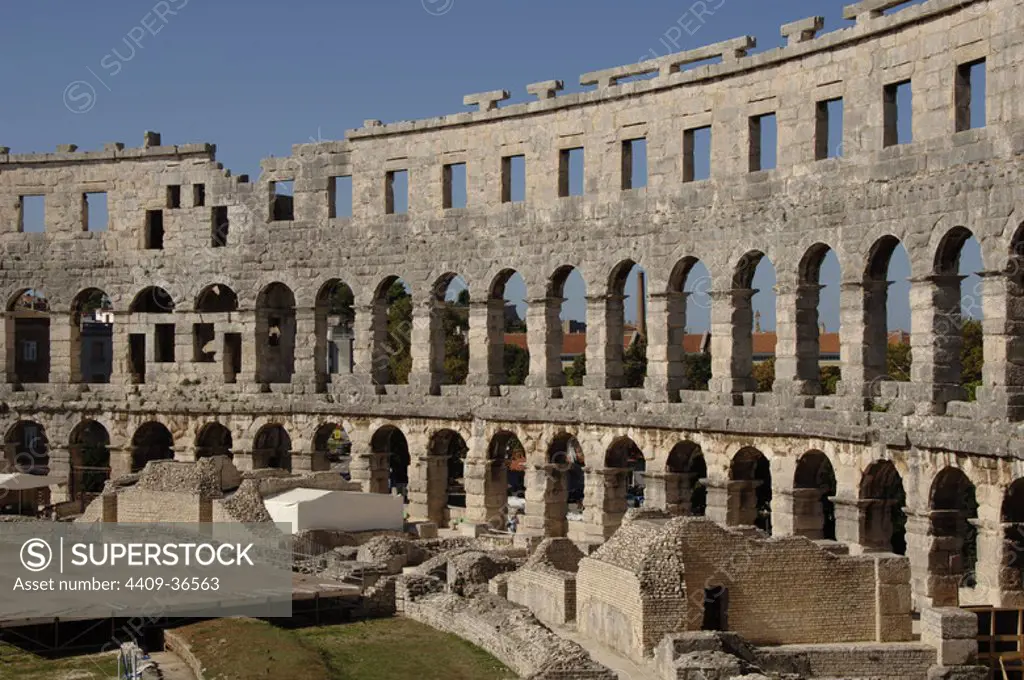 CROATIA. Roman Amphitheater. Built in the first century A.D. Declared a World Heritage Site by UNESCO. Inside view. Pula. Istrian Peninsula.