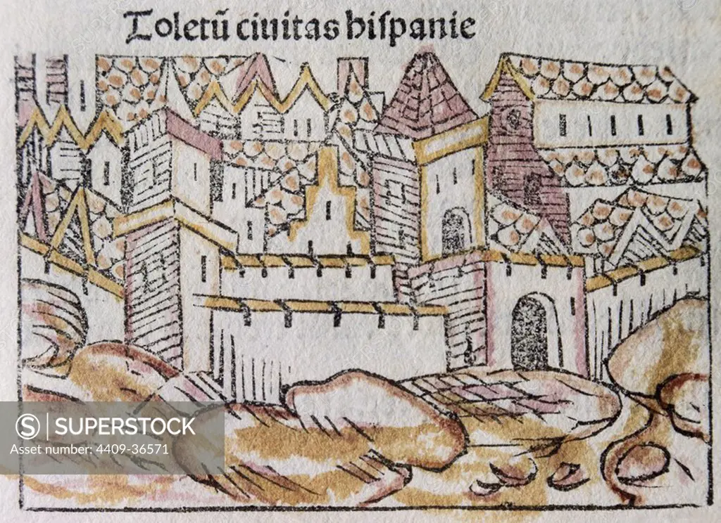 Toledo. Spanish city. Colored engraving by Franciscus Patricio. Published in Venice in 1489. Liber Chronicorum Vel of Temporibus.