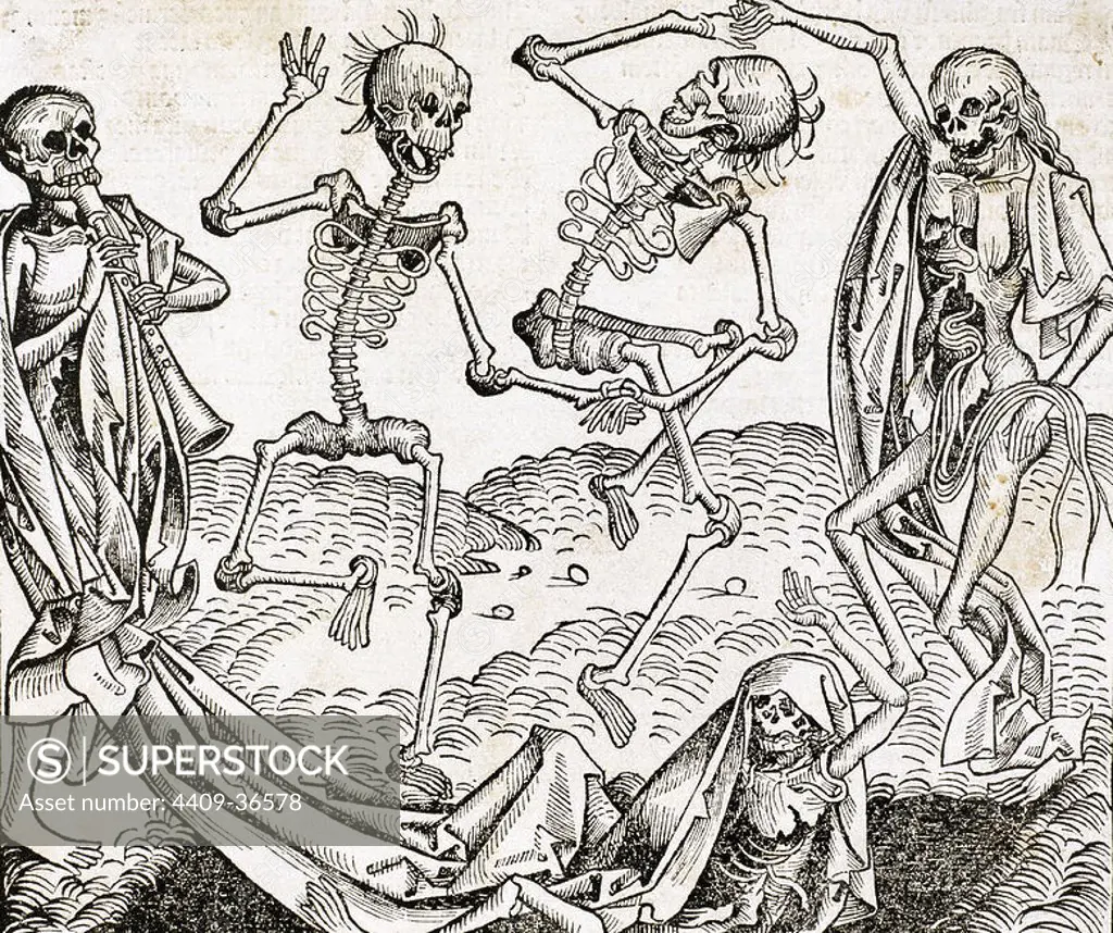 The Dance of Death (1493) by Michael Wolgemut, from the Liber chronicarum by Hartmann Schedel. Engraving.