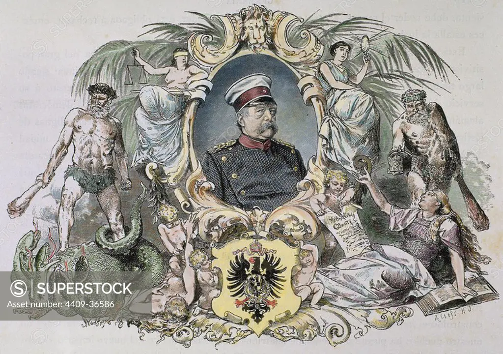 BISMARCK, Otto-Leopold, Prince of (Schonhauser, 1815-Friedrichsruhe, 1898). German statesman. Proclamed Chancellor of the Empire in 1871. In 1890 William II forced him to resign. Engraving by A. Closs. Coloured.