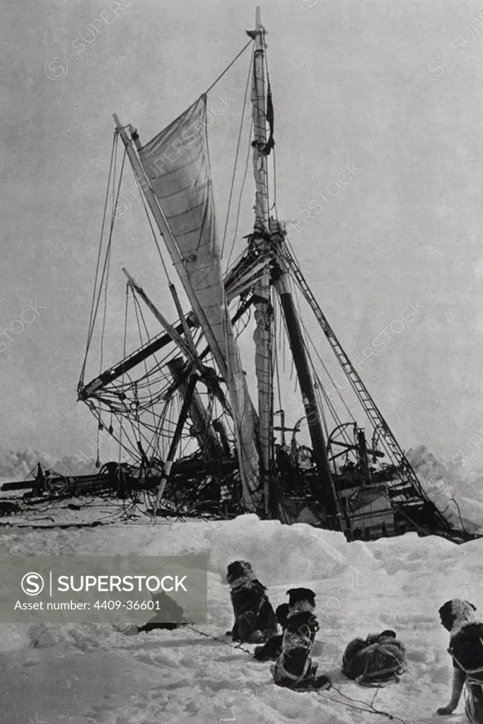 Ernest Henry Shackleton (1874-1922). English polar explorer. Expedition to Antarctica. The ship Endurance trapped in ice in the Weddell Sea and sinks into it (November 30, 1915).