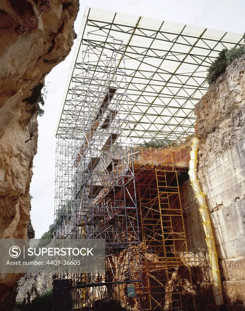 Prehistory. Paleolithic. Spain. Archaeologcal site of Atapuerca. Railway Trench. It provides the oldest hominid fossils found so far on the Iberian Peninsula. Infrastructure used to facilitate the Gran Dolina excavation. World Heritage.