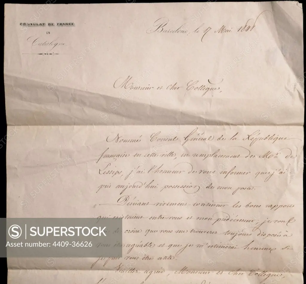 Ferdinand de Lesseps (1805-1894) French engineer. Letter from the consul general of the French Republic announcing the replacement to Lesseps such consul of France. 1848.