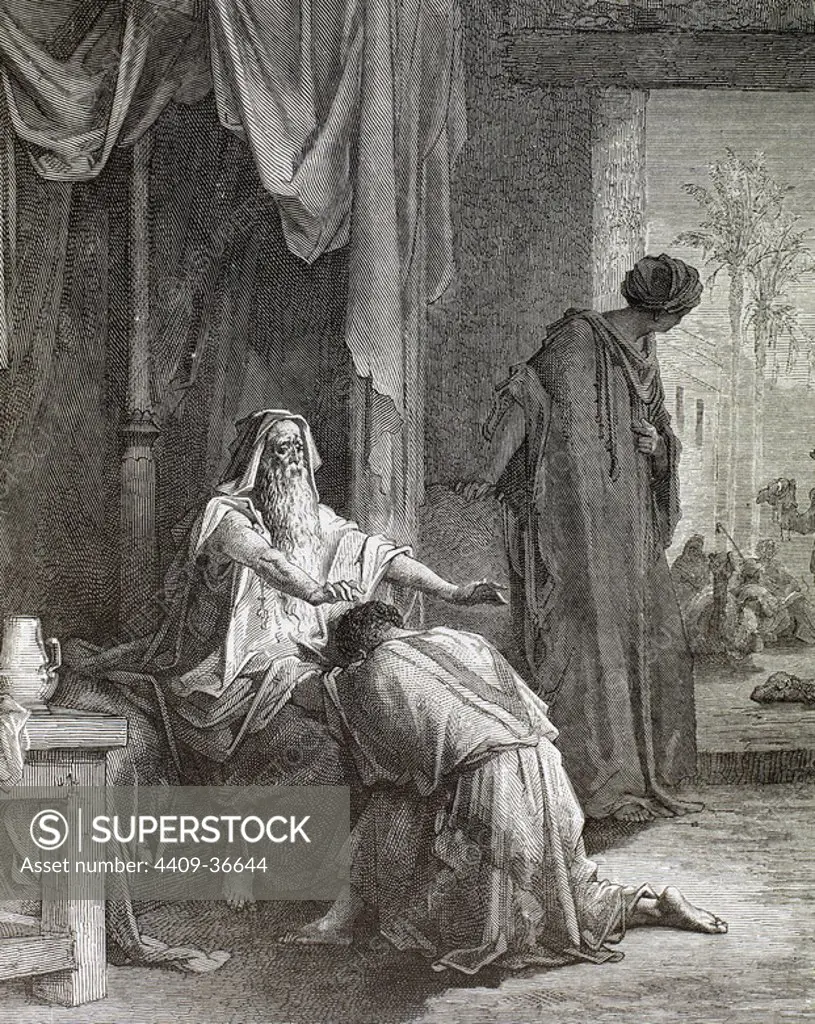 Old Testament. Book of Genesis. Hebrew patriarch Isaac, the only son of Abraham and Sarah. Isaac blesses his son Jacob and sends him to Mesopotamia. Engraving by Gustave Dore. 19th century.
