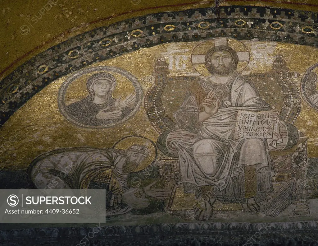 Leo VI the Wise (866-912). Byzantine Emperor. Leo VI kneeling before Christ. Mosaic. Tympanum of the Imperial Gate. Hagia Sophia. Istanbul. Turkey.