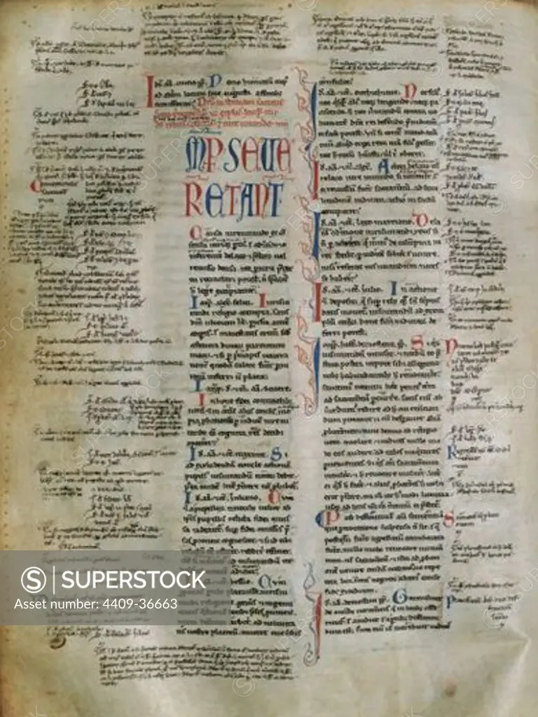 Corpus Iuris Civilis. Code of Justinian. 529. Legislative compilation for a Roman law unification. Parchment codex. Folio 63v. 13th century.