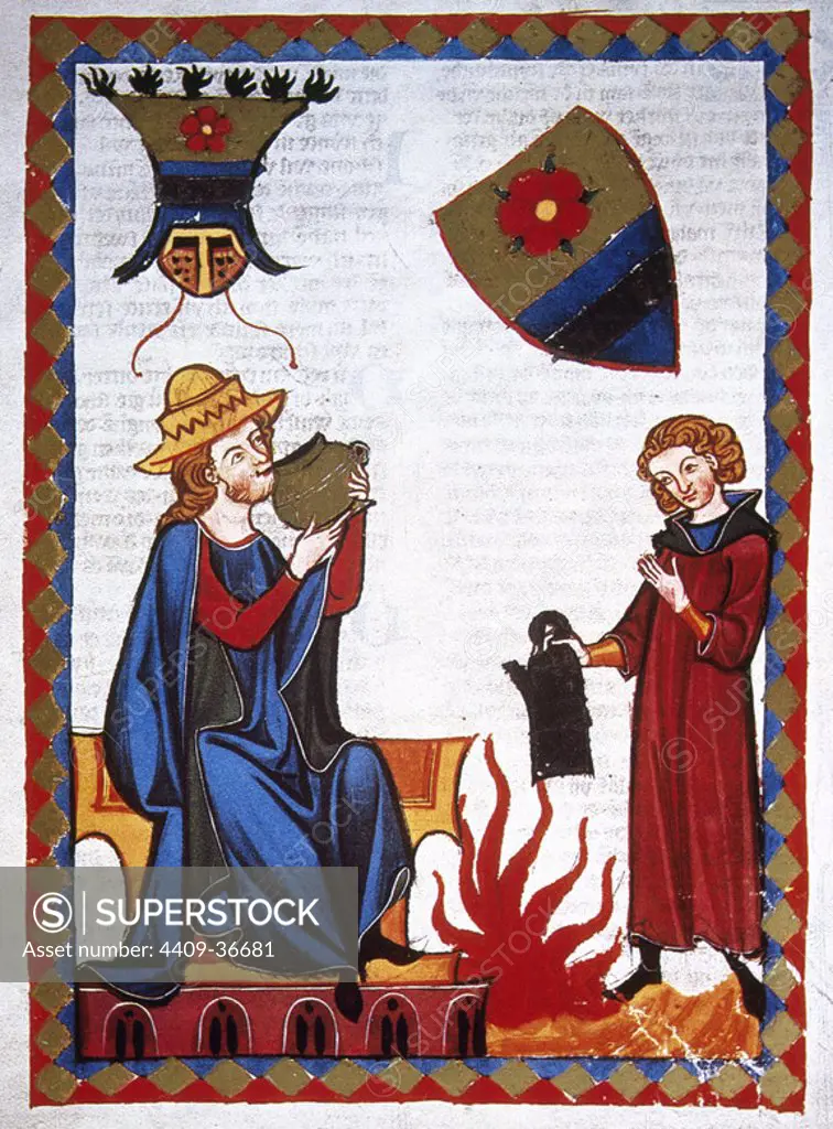 Der Marner, moralistic 13th century poet, sipping refreshing drink offered by his servant. Codex Manesse (ca.1300) by Rudiger Manesse and his son Johannes. Fol. 349r. University of Heidelberg. Library. Germany.