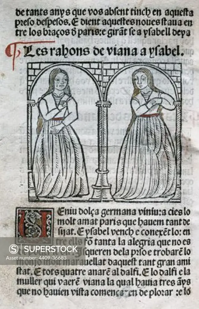 Catalan literature. Fifteenth century. Paris and Viana. Engraving depicting Viana and Isabel. Edition printed in Barcelona in 1494 by Diego Gumiel. Library of Catalonia. Barcelona. Spain.