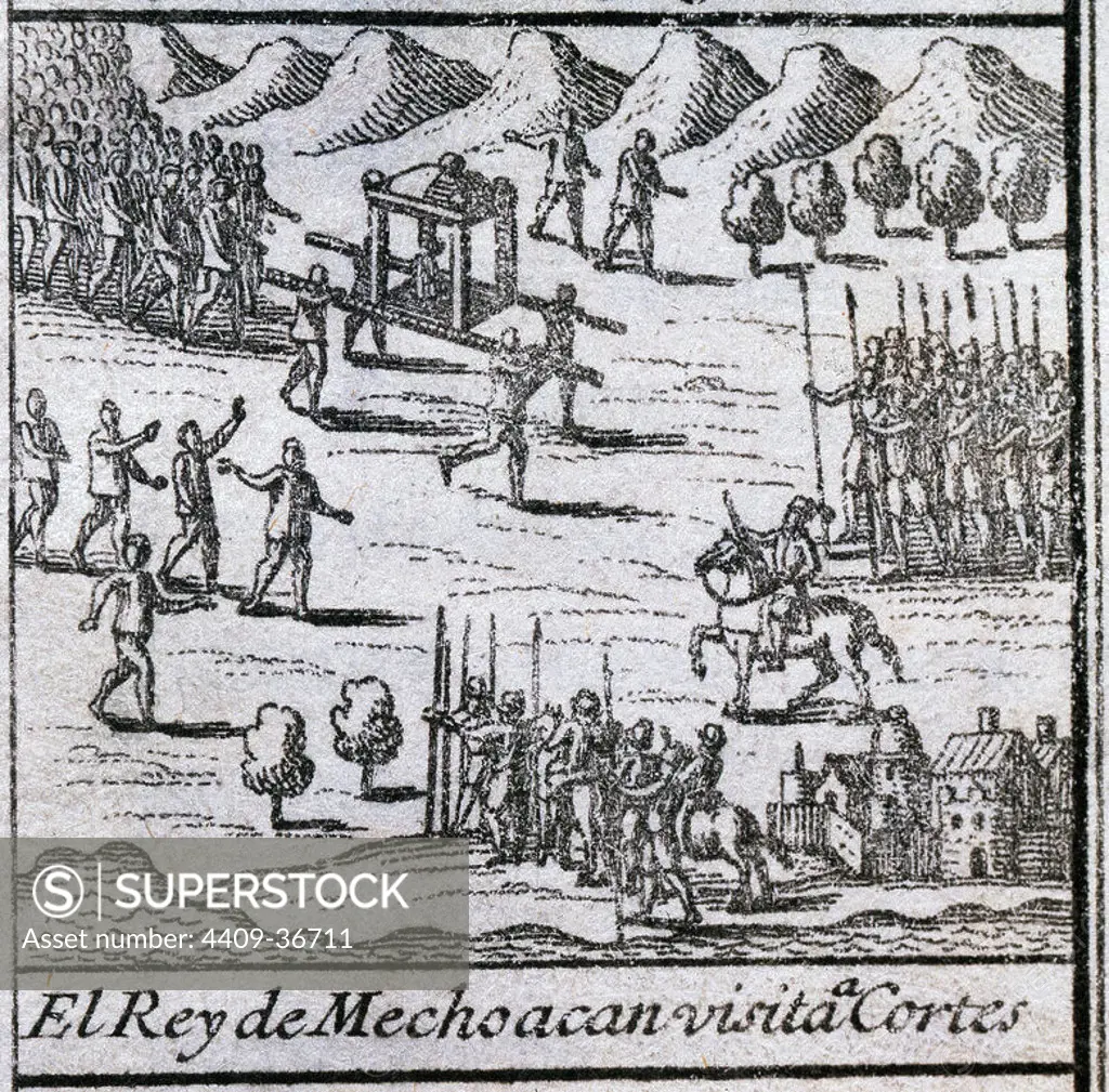 The King of Michoacan visit to Hernan Cortes. Third letter of Relation by Hernan Cortes (May 15, 1522). Engraving, 18th century.