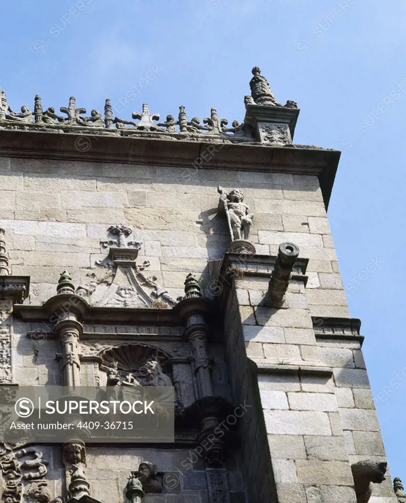 Spain. Pontevedra. Saint Mary Major Basilica. Built by Cornielles of Holland and Joao Noble. 16th century. Main facade. Detail of a relief depicting St. John writing the Gospel, with the tetramorph. Right, over the counterfort, Teucer, mythological founder of Pontevedra.