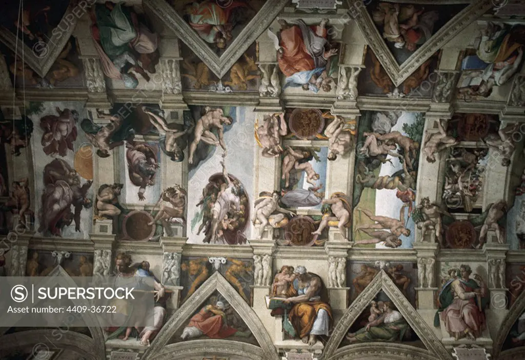 Renaissance Art. Italy. Michelangelo (1475-1564). Painter, poet, Italian sculptor and architect. Sistine Chapel (1508-1512). Ceiling. St. Peter's Basilica. Vatican City.