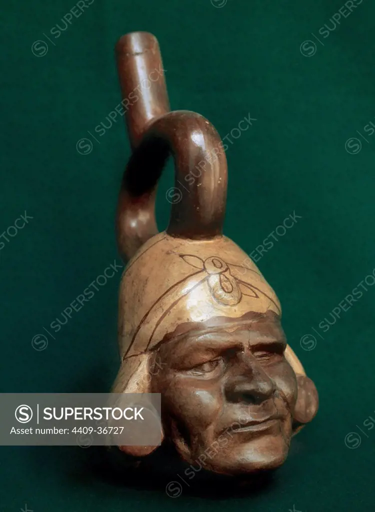 Pre-Columbian Art. Moche Culture (100-900 B.C.). Moche portrait stirrup spout vessel. Archaeological Museum. Cusco. Peru.