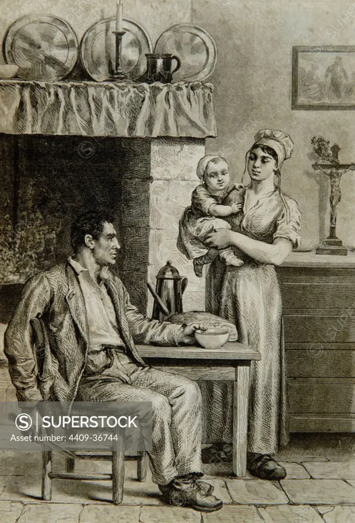 SOCIEDAD. SIGLO XIX. EUROPA. Matrimonio con una hija en brazos. Grabado 1880.