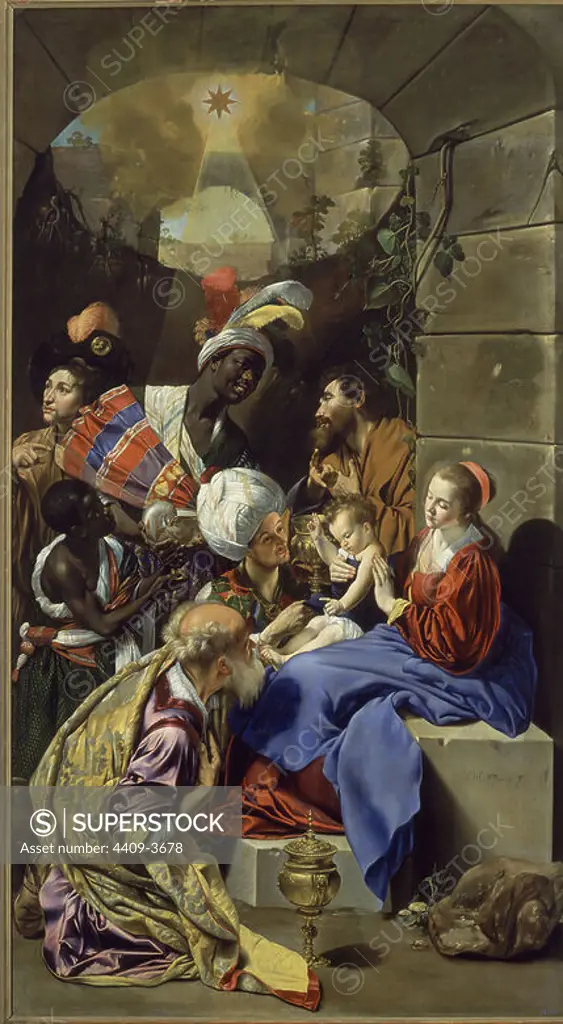'The Adoration of the Magi', 1612-1614, Spanish Baroque, Oil on canvas, 315 cm x 174,5 cm, P00886. Author: FRAY JUAN BAUTISTA MAINO (1581-1649). Location: MUSEO DEL PRADO-PINTURA. MADRID. SPAIN. CHILD JESUS. VIRGIN MARY. SAN JOSE ESPOSO DE LA VIRGEN MARIA. Melchor. Gaspar. BALTASAR.
