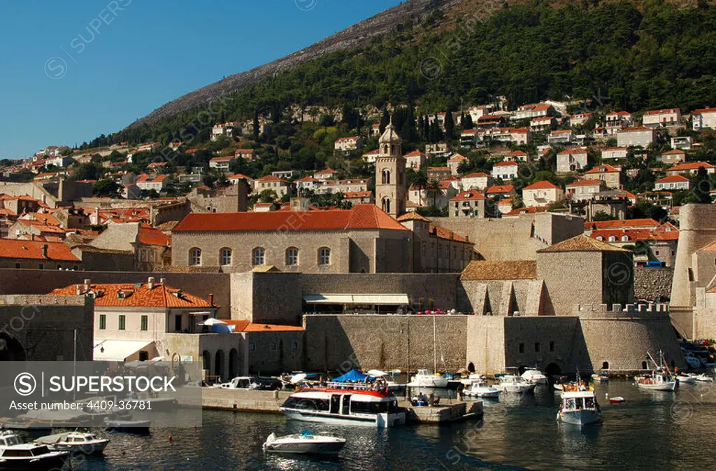 CROATIA. DUBROVNIK. Partial view of the ancient port city and the Dominican Monastery.