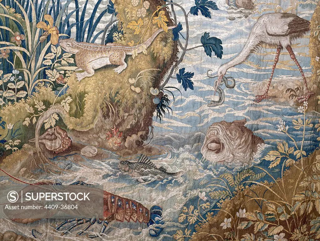 Tapestry Series The Creation of Man. Detail. Made in Brussels in 16th and 17th centuries. Wool, silk and silver. Tapestry Museum. Royal Palace of La Granja de San Ildefonso. Castile and Leon. Spain. National Heritage.