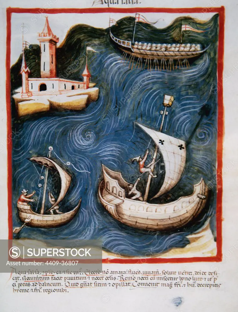 Tacuinum Sanitatis. 14th century. Medieval handbook of health. Boats at sea. Folio 88r.