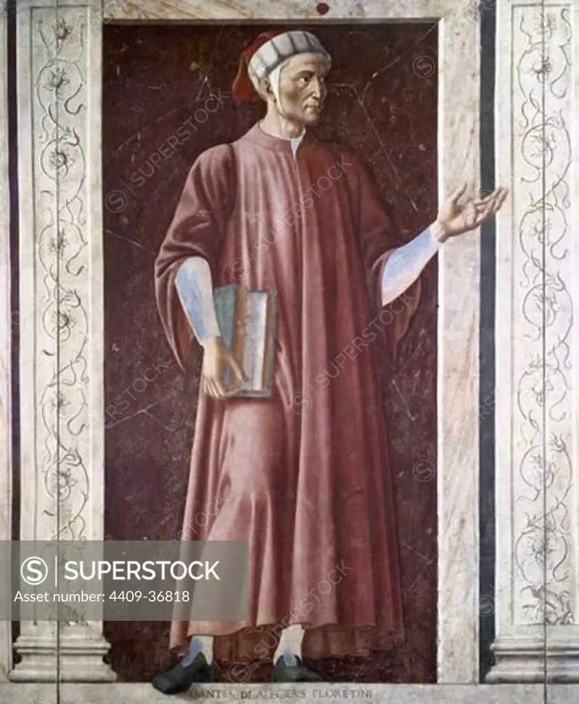 DANTE ALIGHIERI (1265-1321). Poeta italiano. Autor de "La Divina Comedia" (1307-1321). Pintura de A. del CASTAGNO. Galería de los Uffizi. Florencia. Italia.