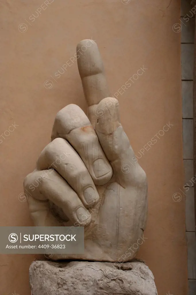 Constantine I, The Great (272-337). Roman Emperor. Best known for beign the first christian roman emperor. Hand of Constantine's colossal Statue at the Capitoline Museums. Rome. Italy.