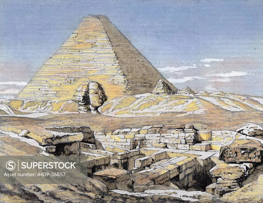 Egypt. Pyramids and Sphinx. Colored engraving, 1879.