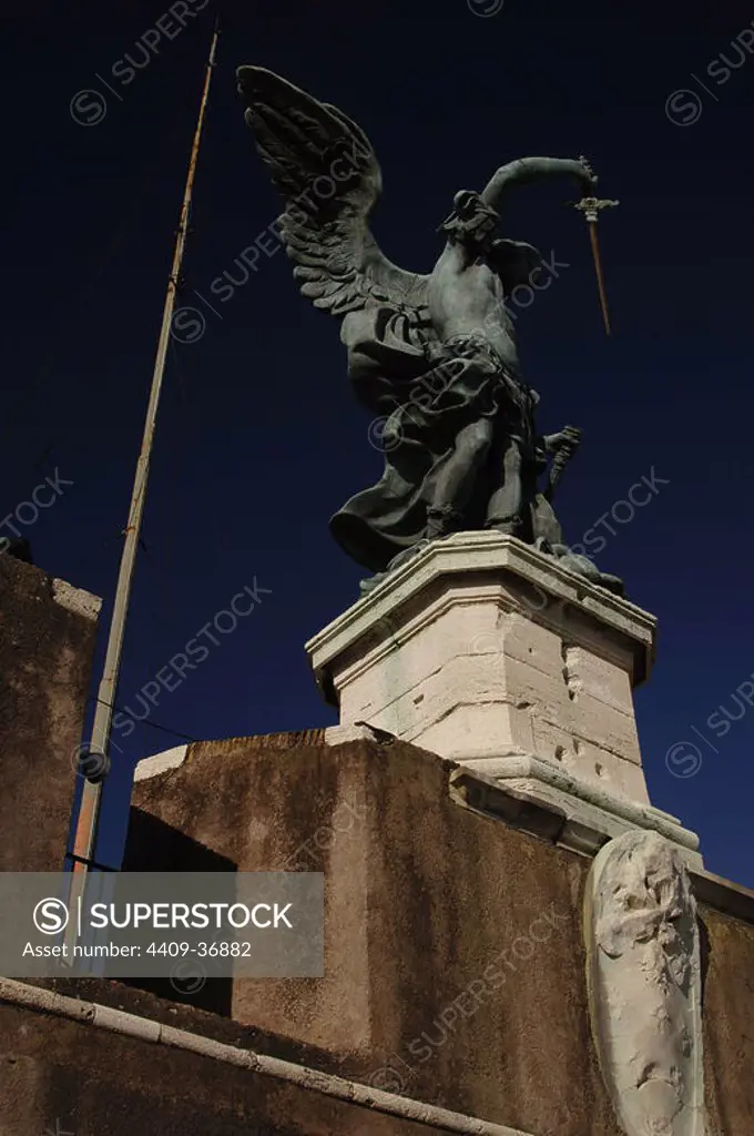 Italy. Rome. Archangel Michael. Statue on the top of Castel Sant'Angelo by Peter Anton von Verschaffelt (1710-1793). Bronze.