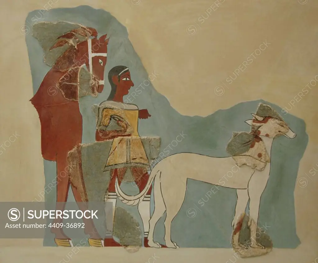 Man standing holding the reins of a horse with a dog before. Fresco dated between 14th and 13th century BC. Second palace of Tiryns National Archaeological Museum. Athens. Greece.