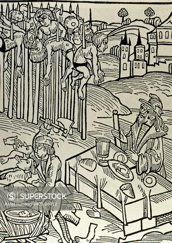 Vlad II (1393-1447), known as Vlad Dracul ("Vlad the Dragon"). Voivode (duke) of Wallachia. Scene of the impalement. Vlad Tepes or Vlad the Impaler is watching the operation from a table, having his lunch and drinking wine. Germanic Illustration.