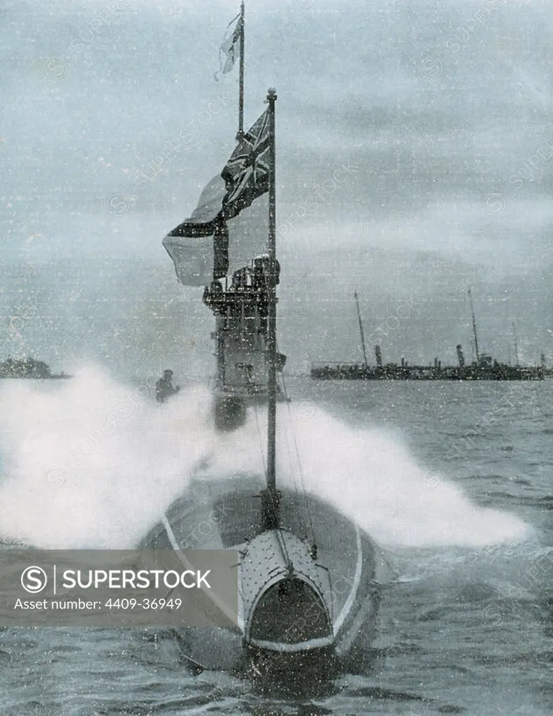 World War I (1914-1918). The British submarine E-8. Sank a german destroyer in the North Sea.