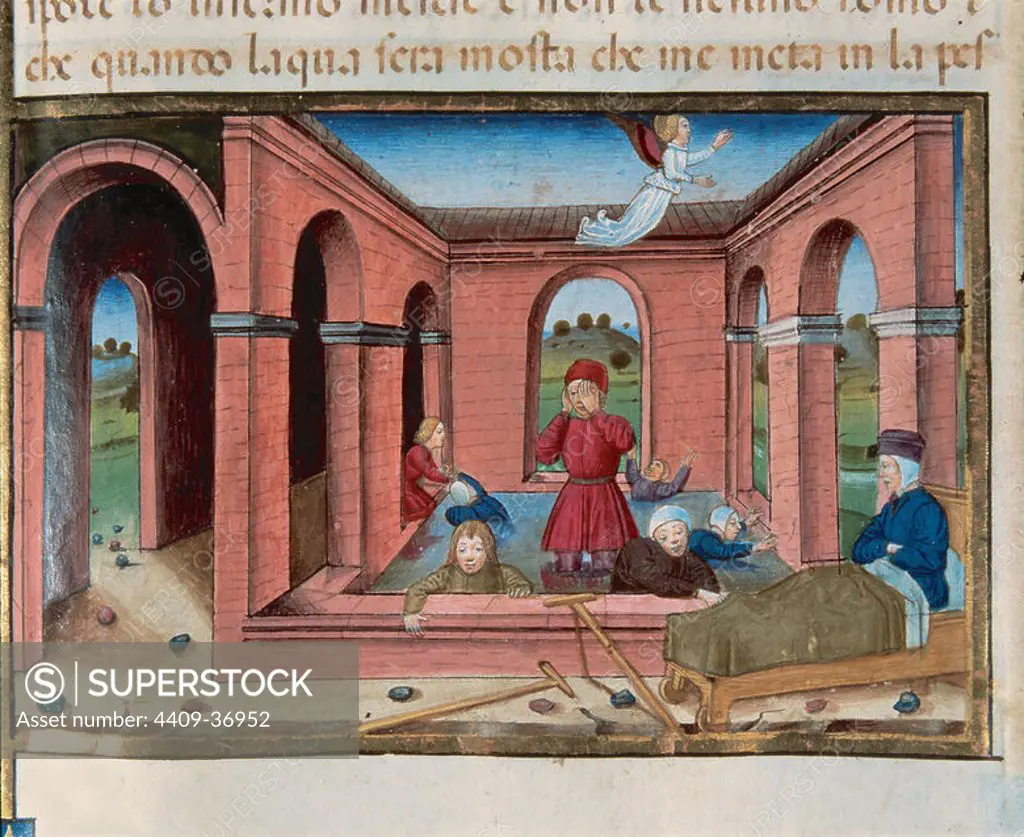Easter. Jesus went to the pool of Bethesda (Jerusalem) where there were many sick. An angel stirred the water and the first to be launched, was healing. Codex of Predis (1476). Royal Library. Turin. Italy.