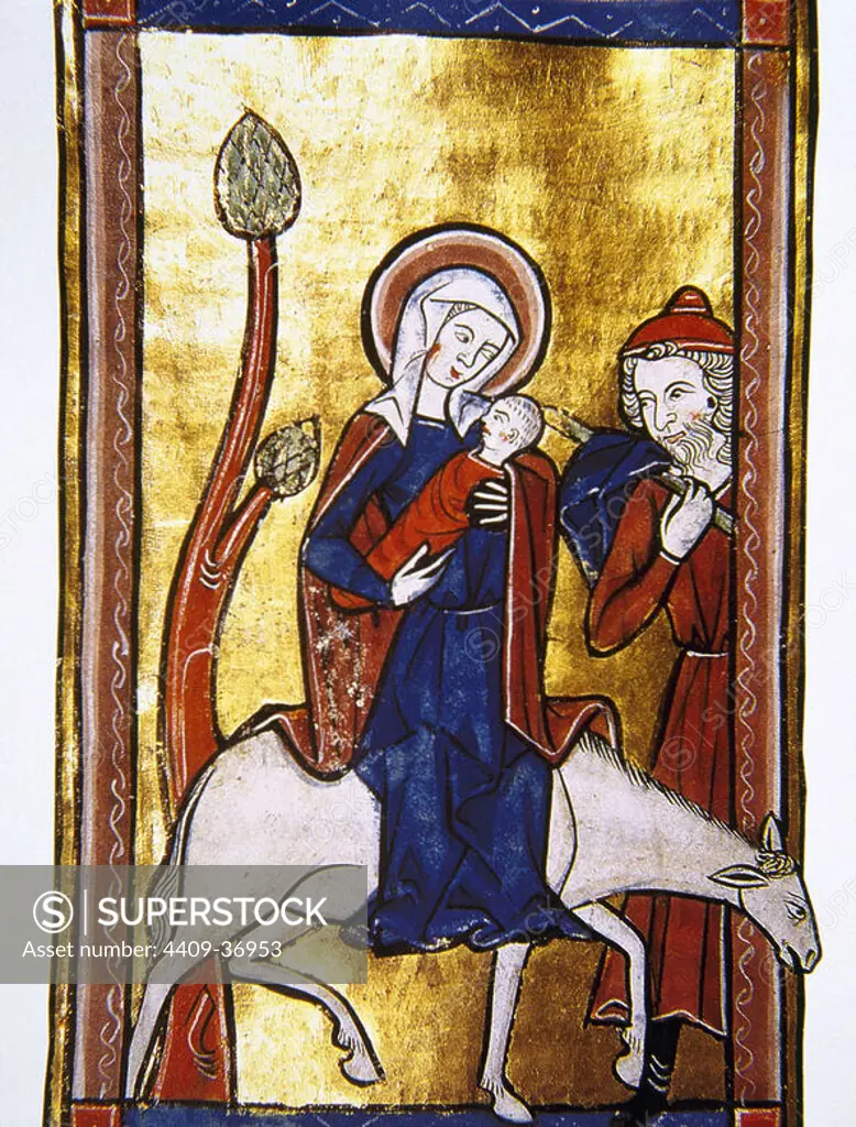 The flight into Egypt. Miniature of a Book of Psalms. 13th century. Castle of Chantilly. France.