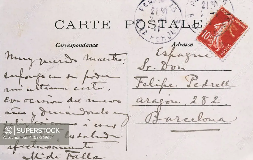 Correspondence between the Andalusian composer Manuel de Falla (1876-1946) and the Catalan composer Felipe Pedrell (1841-1922). Letter from Paris. Library of Catalonia. Barcelona, Catalonia, Spain.