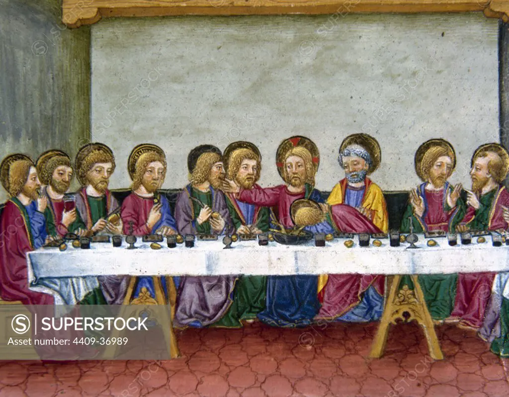 The Last Supper. Jesus announces to the apostles that one of them will betray. Codex of Predis (1476). Royal Library. Turin. Italy.