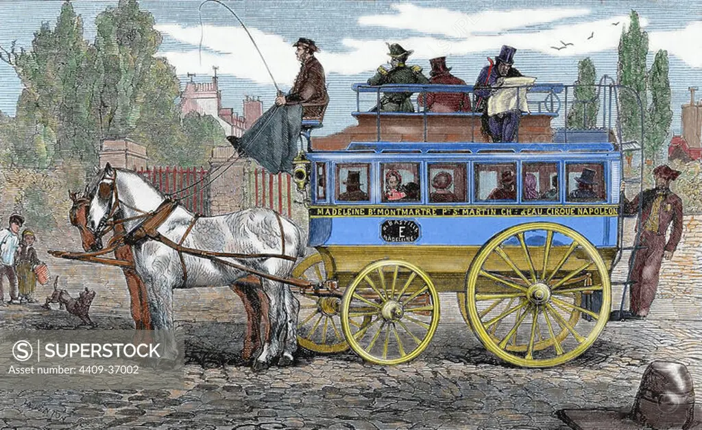 Horse-drawn omnibus. Engraving by H. Linton in "L'Univers Illustre´" (1862). Colored.