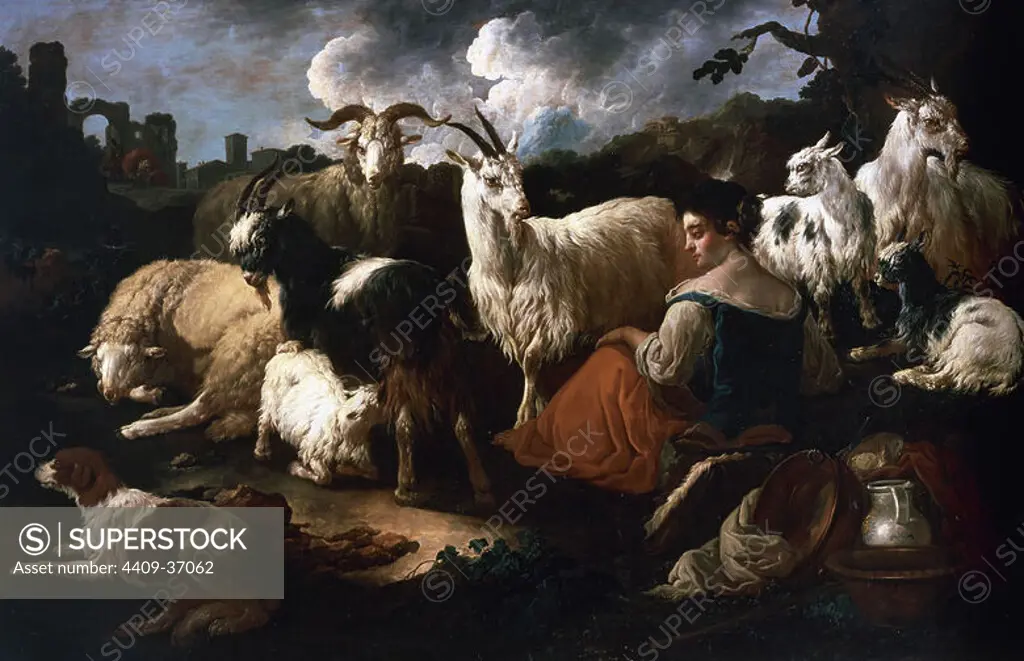 George Romney (1734-1802). English painter. Shepherdess with goats and sheep. Oil on canvas. Prado Museum. Madrid. Spain.
