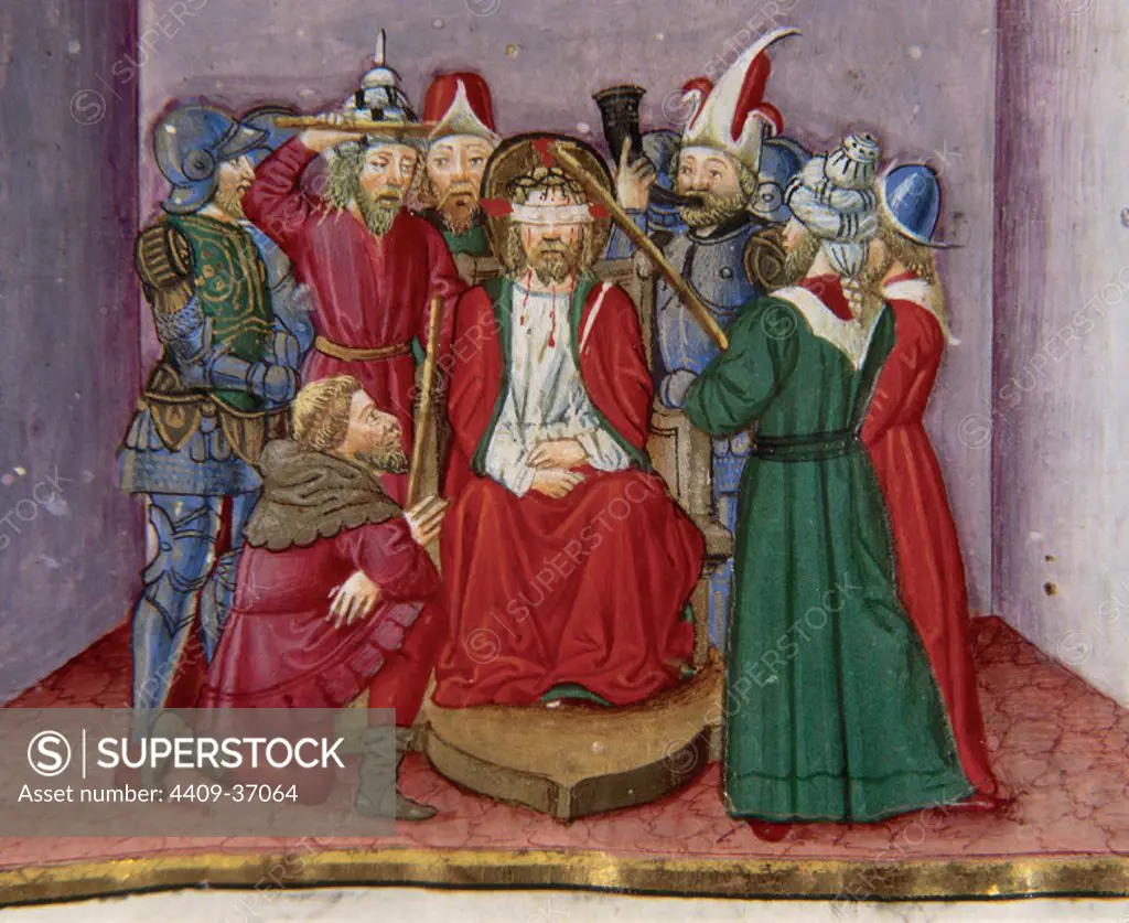 Jesus is tortured and mocked by the soldiers. Codex of Predis (1476). Royal Library. Turin. Italy.