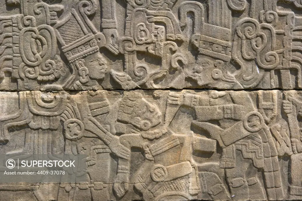 Mexico. Archaeological Site of El Tajin. Founded in the 4th century, achieved its greatest splendor between 800 and 1200. South ballgame court. Relief detail. Near Papantla. Veracruz State.