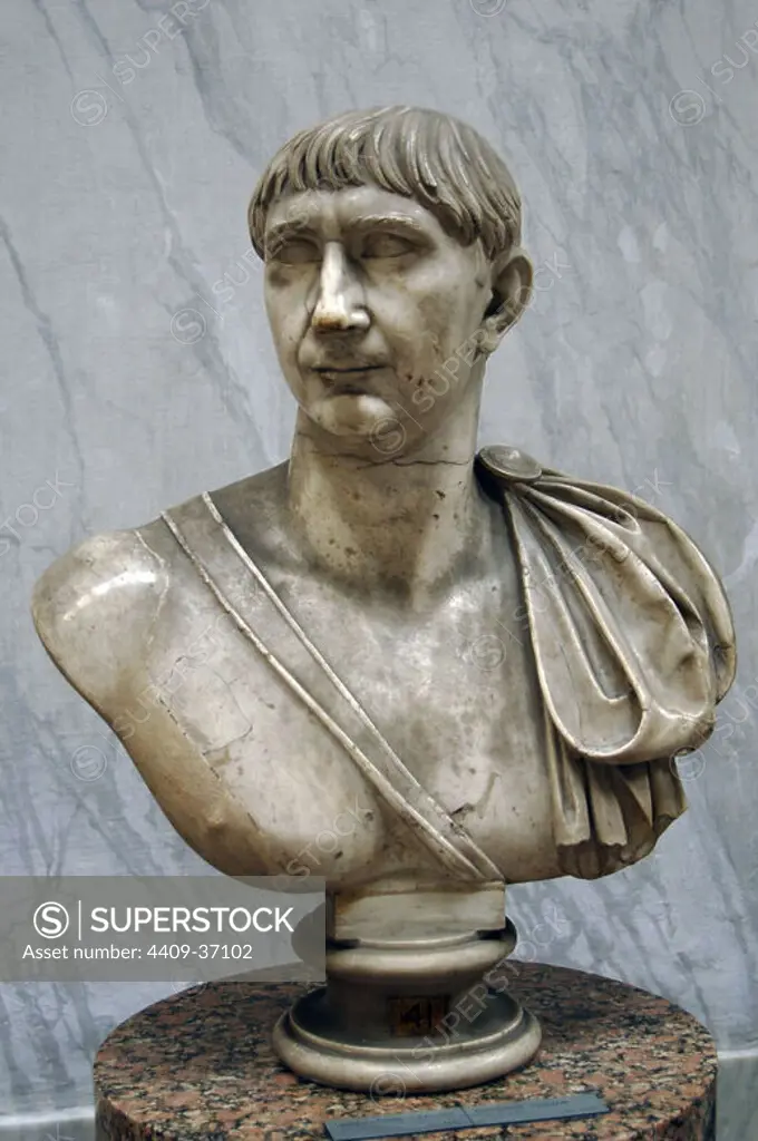 Trajan (53-117 AD). Roman emperor. Bust. Marble. Braccio Nuovo Gallery. Chiaramonti Museum. Vatican Museums. Vatican City.