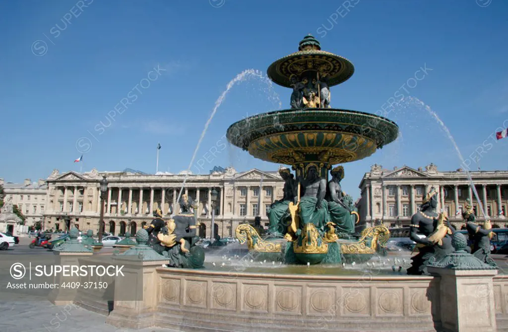 Concorde Square (The Place de le Condorde). Designed by architech Jacques-Ange Gabriel in 1763 to celebrate the glory of almighty King Louis XV of France. Detail of the fountains. Paris. France. Europe.