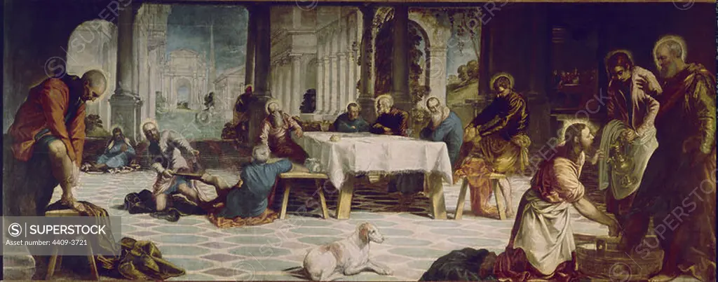 'The Foot Washing', 1548-1549, Oil on canvas, 210 x 533 cm, P02824. Author: JACOPO COMIN-JACOBO ROBUSTI-TINTORETTO. Location: MUSEO DEL PRADO-PINTURA. MADRID. SPAIN. JESUS. APOSTLE PETER. SIMON PEDRO.