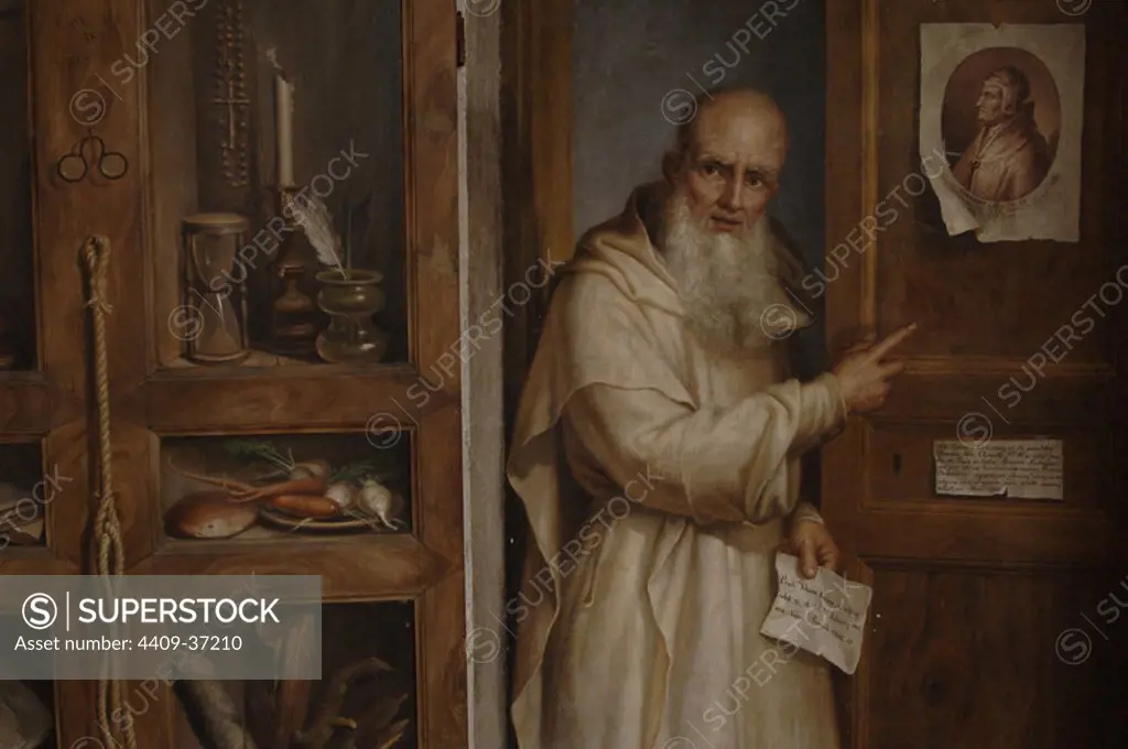 Wood oil painting of Carthusian monk (1855) by Filipo Balbi (1806-1890) in cloister of Santa Maria degli Angeli. National Museum (Baths of Diocletian). Rome. Italy.