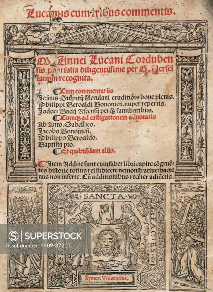 Lucan (39-65). Latin poet. Pharsalia. Title cover. Printed in 1519.