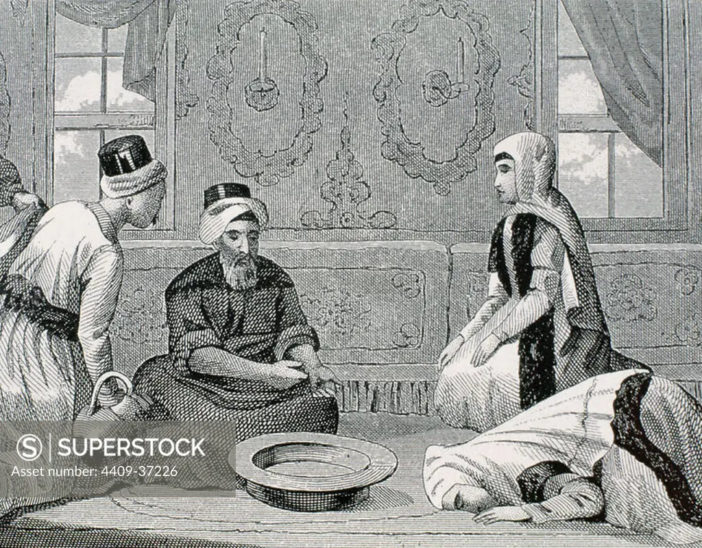 OTTOMAN EMPIRE. TURKEY. Turkish noble grooming. Engraving of the nineteenth century.