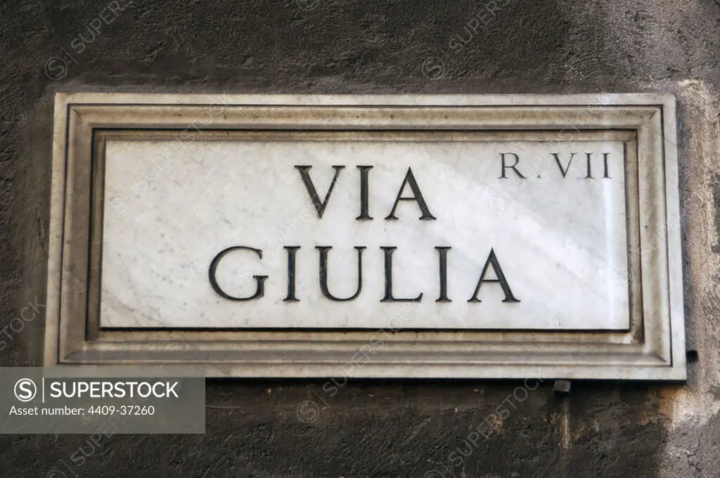 Italy. Rome. Via Giulia street plaque. Historic center of the city.