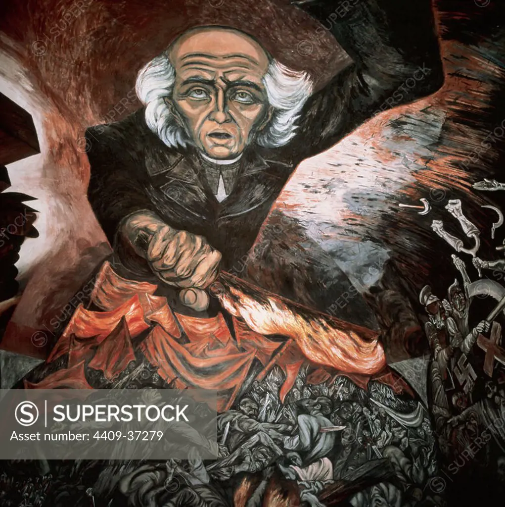 Hidalgo Costilla, Miguel (1753- 1811). Mexican priest and patriot. He declared the fight against the Spanish, become known as the "Grito de Dolores" (Cry of Dolores) (1810) signaled the start of the fight for Mexican independence. Mural by Jose Clemente Orozco (1883-1949), 1937. Government Palace. Guadalajara. State of Jalisco. Mexico.
