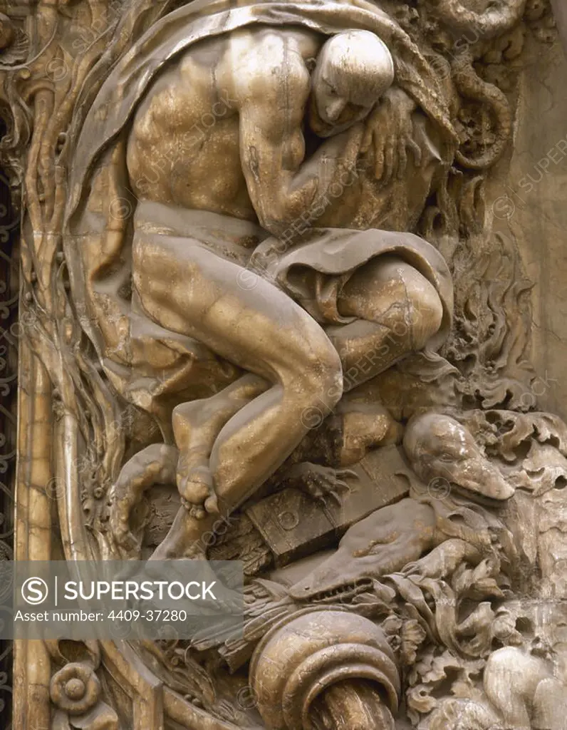 Spain. Valencia. Palace of the Marquis of Dos Aguas. Allegory of the river Jucar represented by the figure of a naked man with attributes as the heads of crocodile, quiver of arrows and a jar of water emanating. Alabaster sculpture by Ignacio Vergara (1715-1776) in Rococo style.