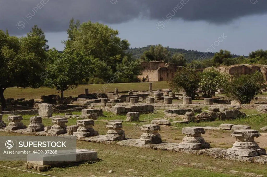 Greek Art. The Leonidaion. Lodging place for athletes taking part in the Olympic Games at Olympia. It was constructed around 330 BCE and was funded and designed by Leonidas of Naxos. Olympia. Greece.