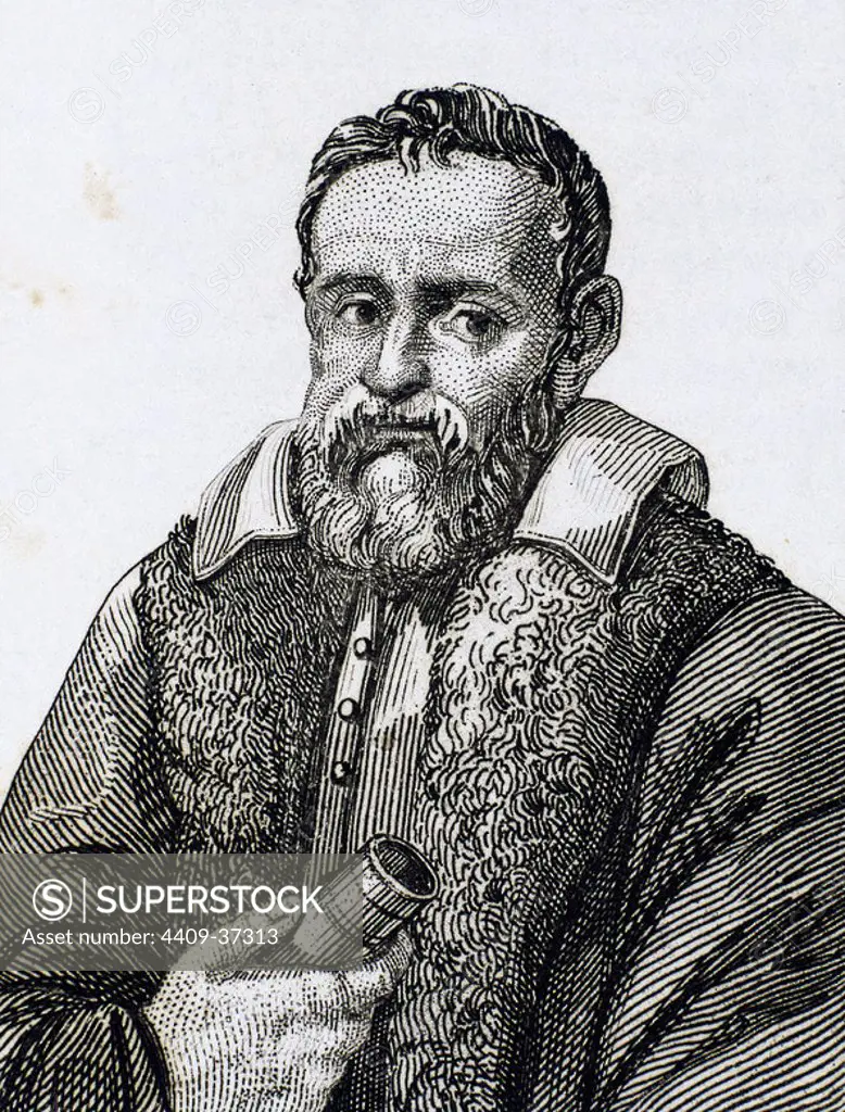 Galileo Galilei (1564-1642). Physicist, Italian mathematician and astronomer. Engraving.