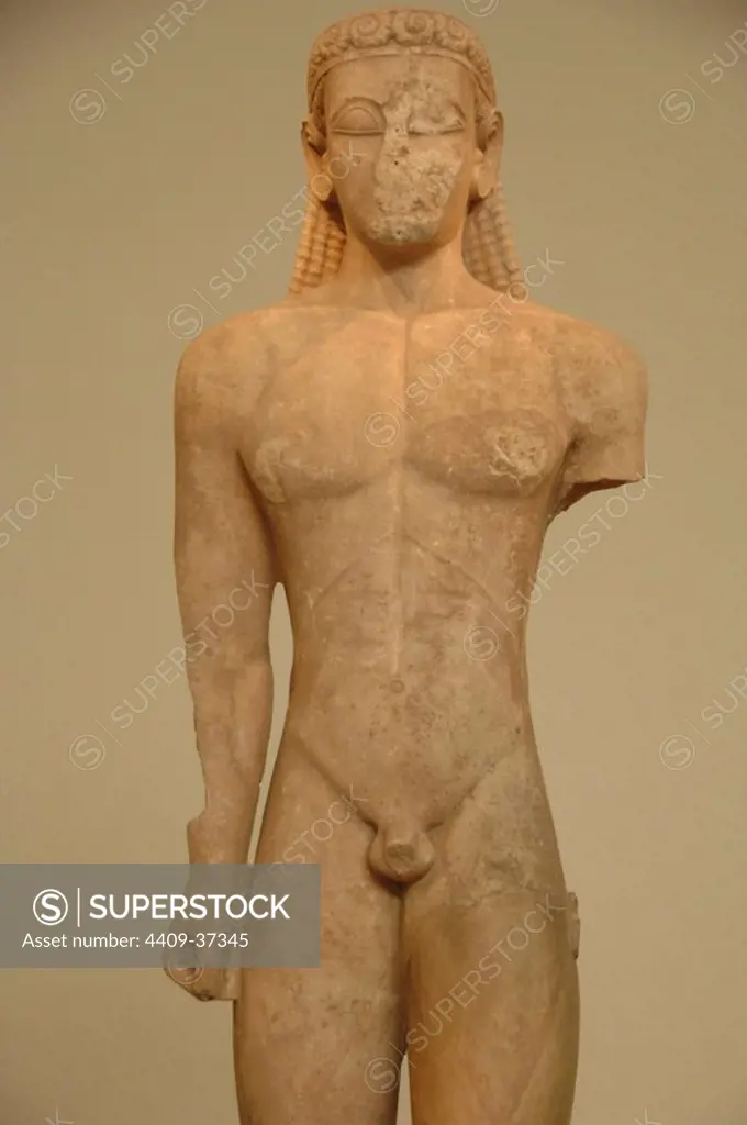 GREEK ART. Archaic period. Greece. Kouros dedicated to Poseidon. Detail. Marble of Naxos. Located in Sunion. Dated around 600 a.C. National Archaeological Museum. Athens.