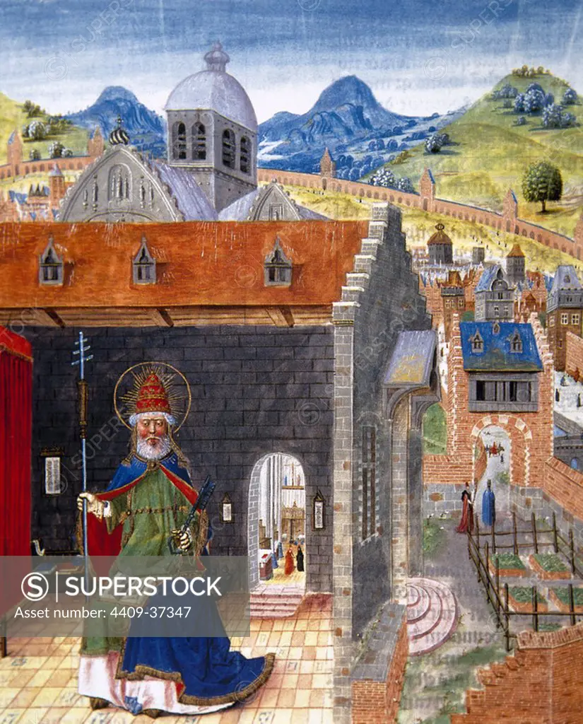 Liber Floridus (Book of Flowers). Medieval encyclopedia, 1090-1120 by Lambert, Canon of Saint-Omer. Miniature depicting Saint Peter and the city of Rome. Manuscript of the15th century. Conde Museum. Chateau of Chantilly. France.